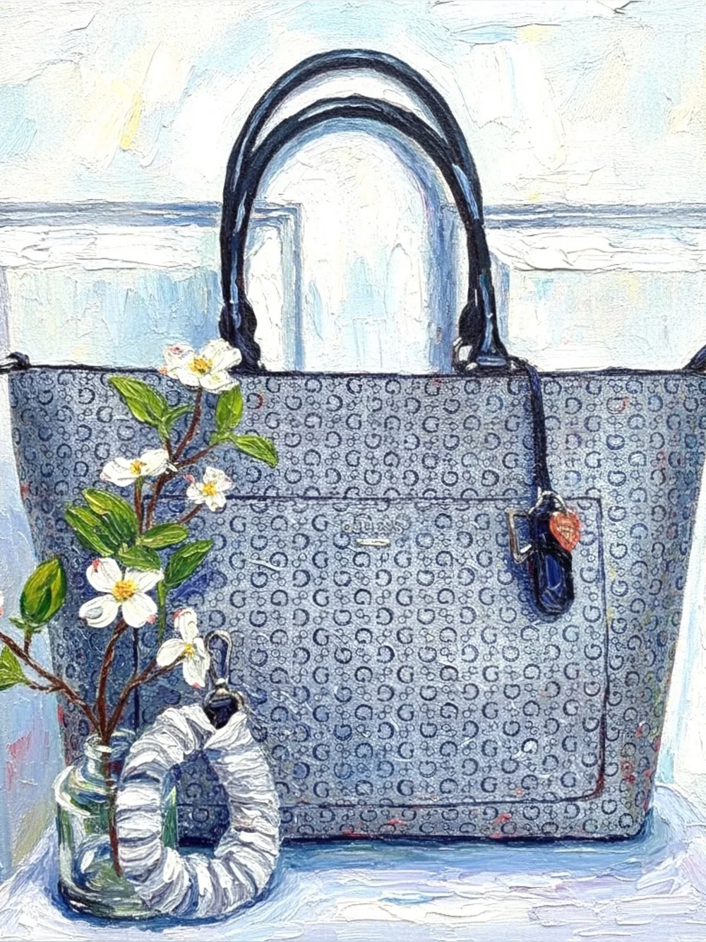 GUESS~ Stylish Large Gray Monogrammed Patterned Tote Bag w/Beige Lining